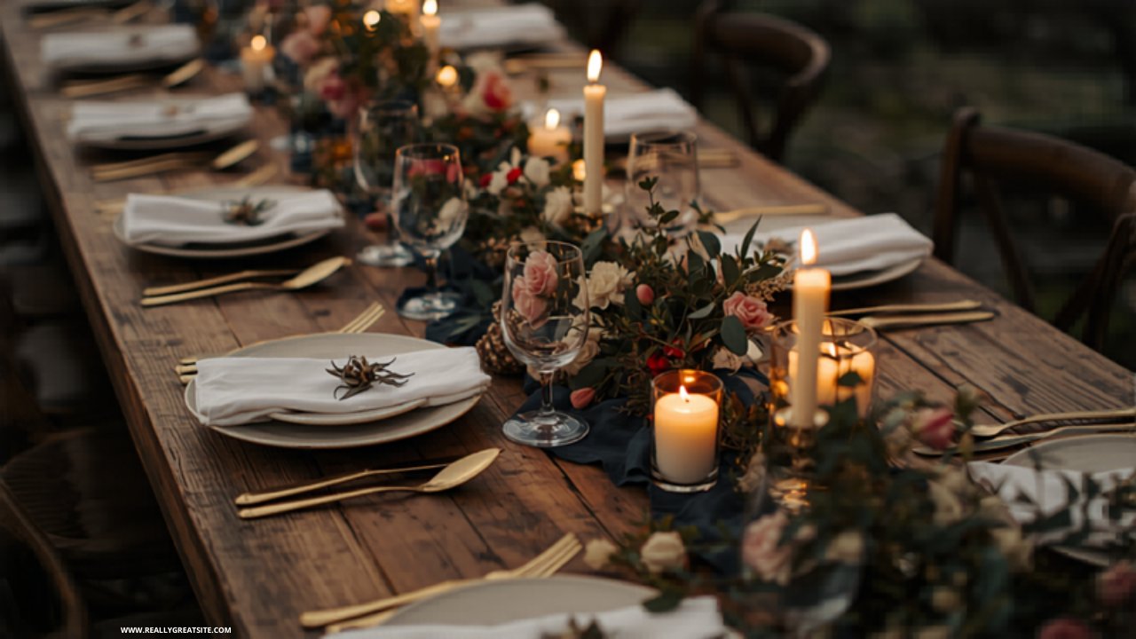 Intimate wedding dinner table set with candles and wildflowers